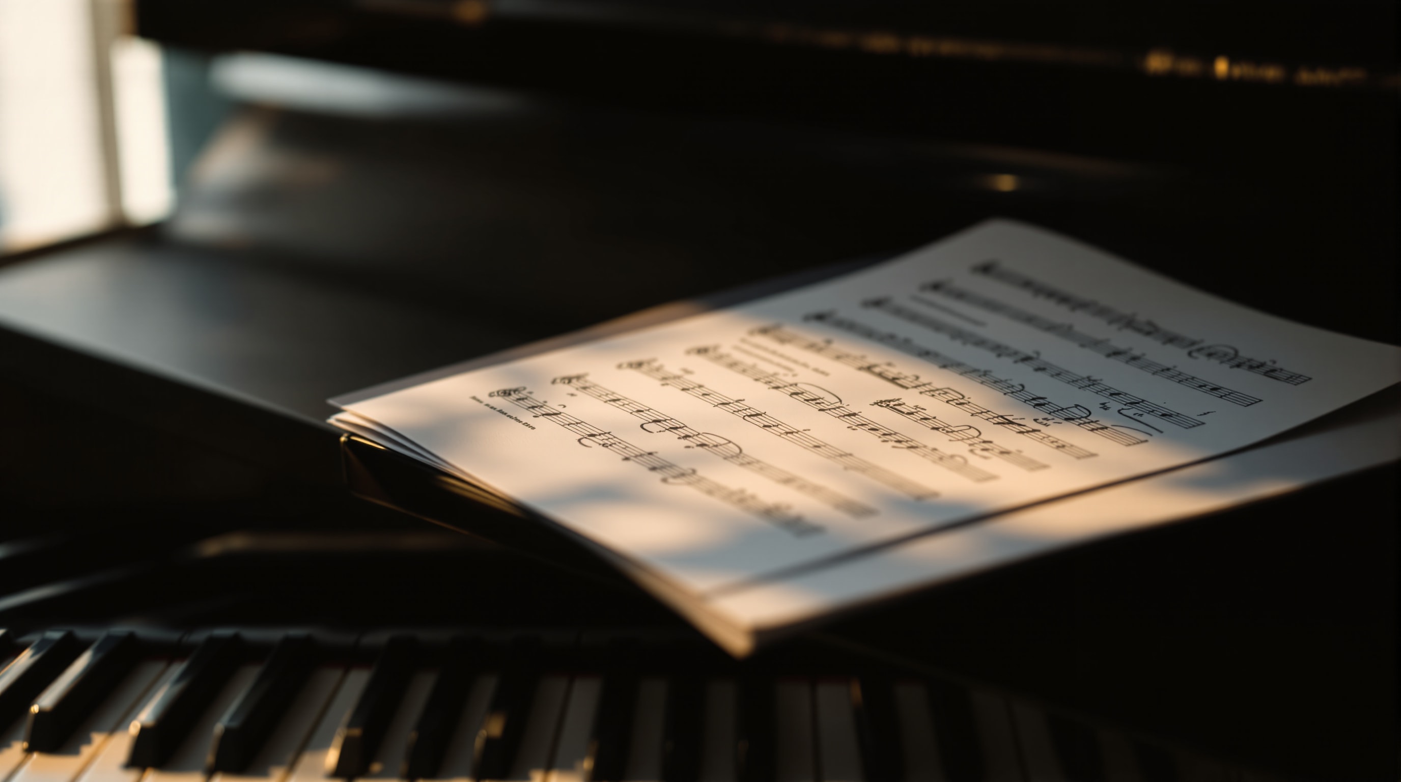 Sheet music on a piano music desk with keys softly out of focus