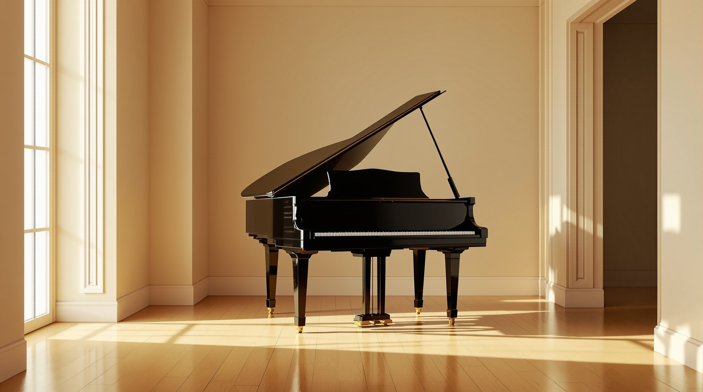 A grand piano with raised lid in an elegant, minimal room