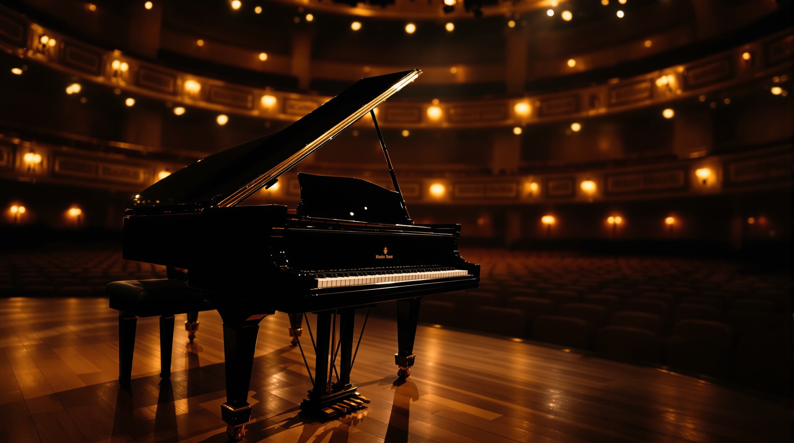 A grand piano on an elegant concert-hall stage in warm light