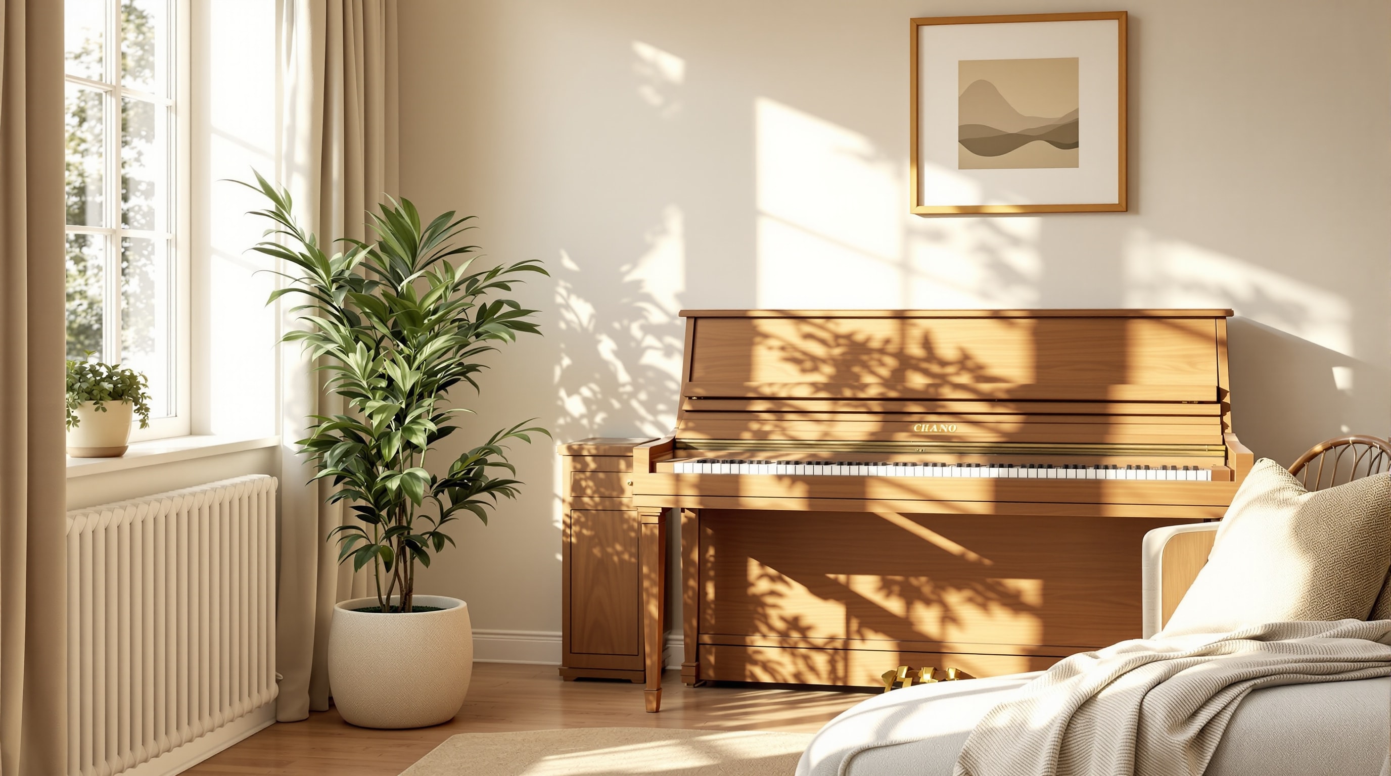 An upright piano in a warm, well-kept living room