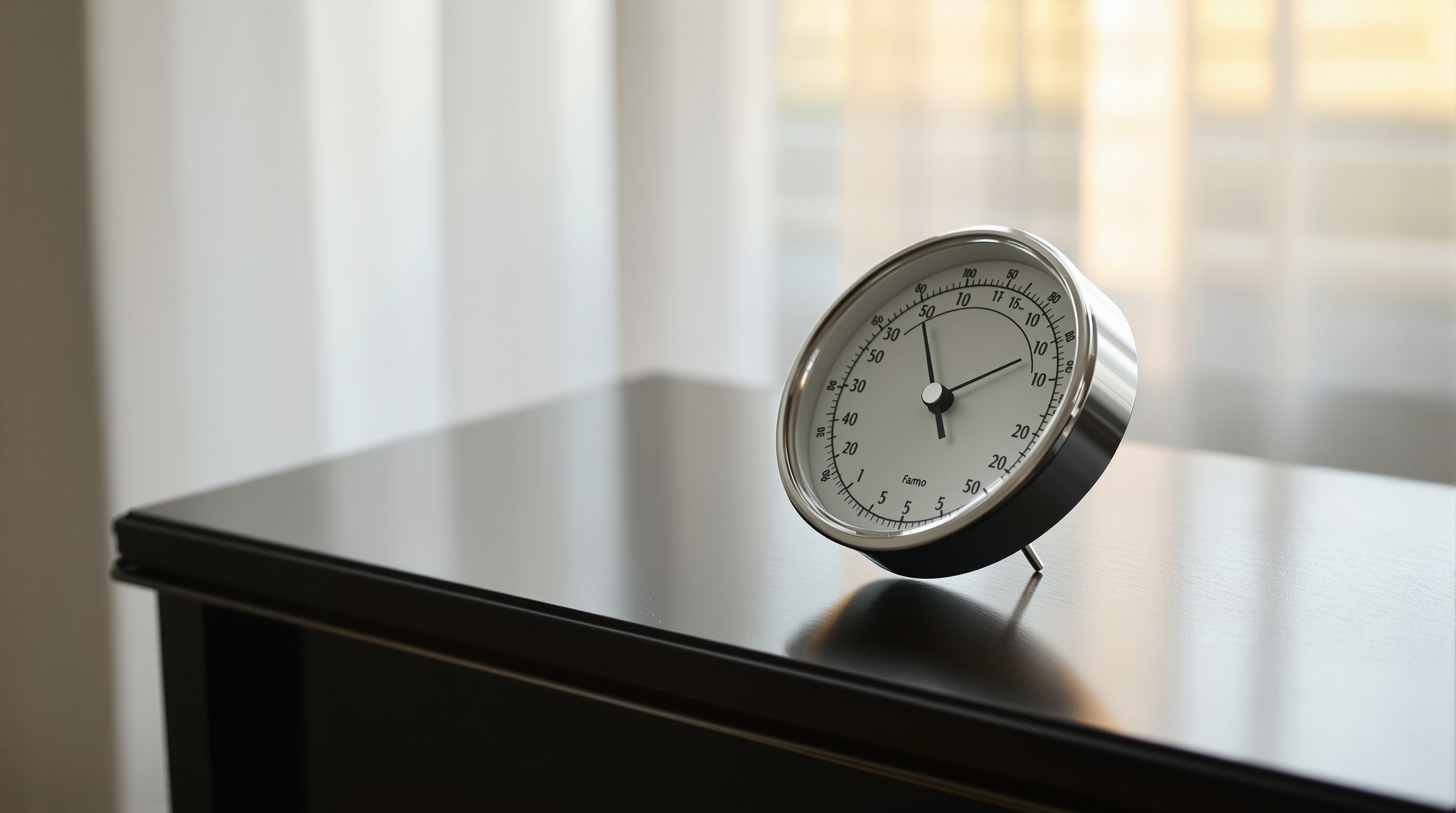 A humidity gauge resting on a closed piano lid near a softly lit window