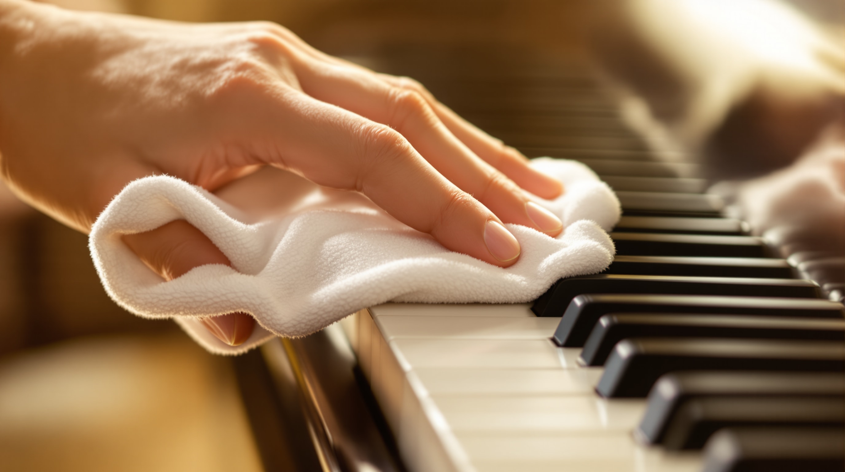 A cloth gently cleaning the keys of a grand piano