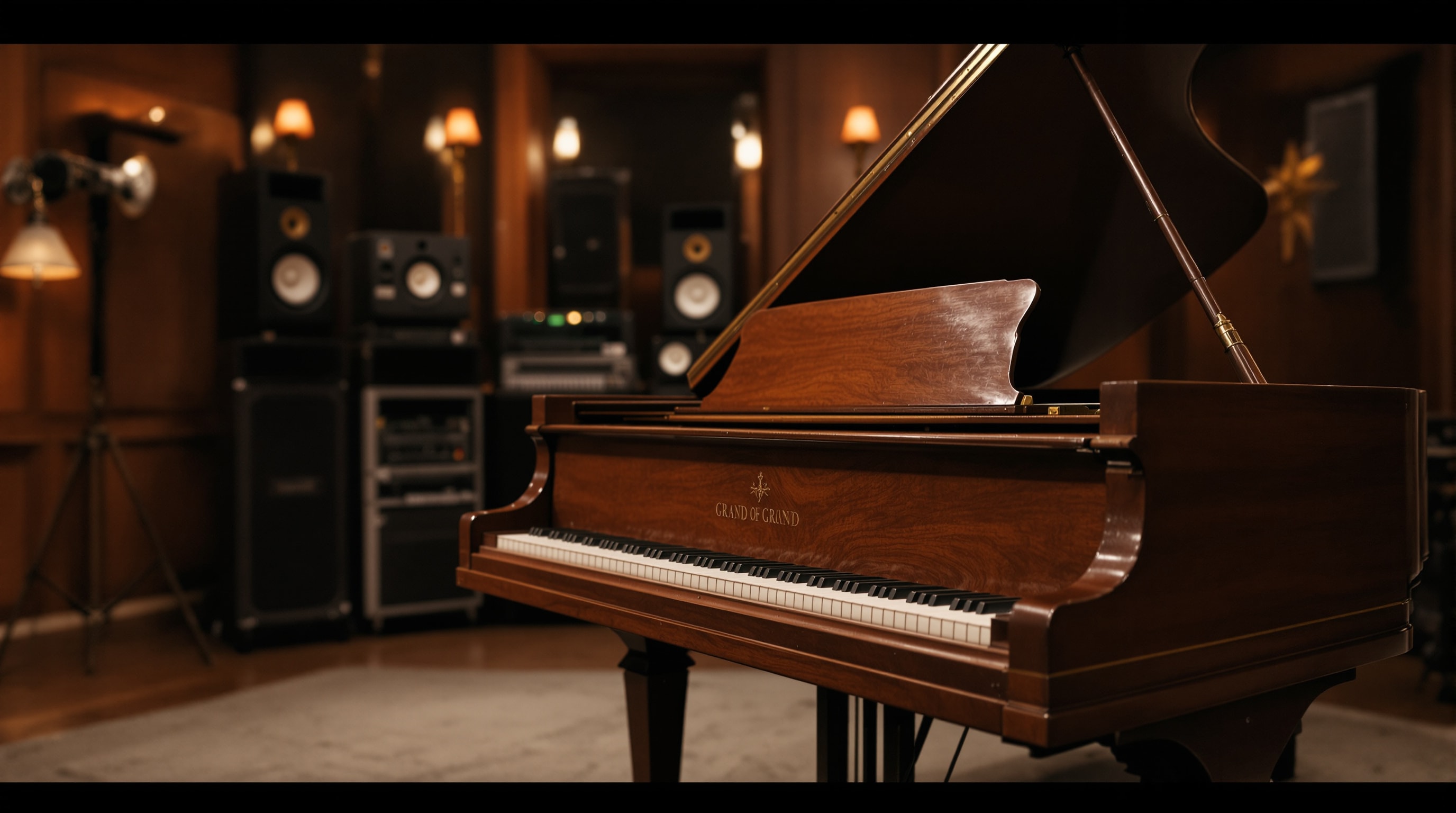 A grand piano in a warmly lit vintage recording studio
