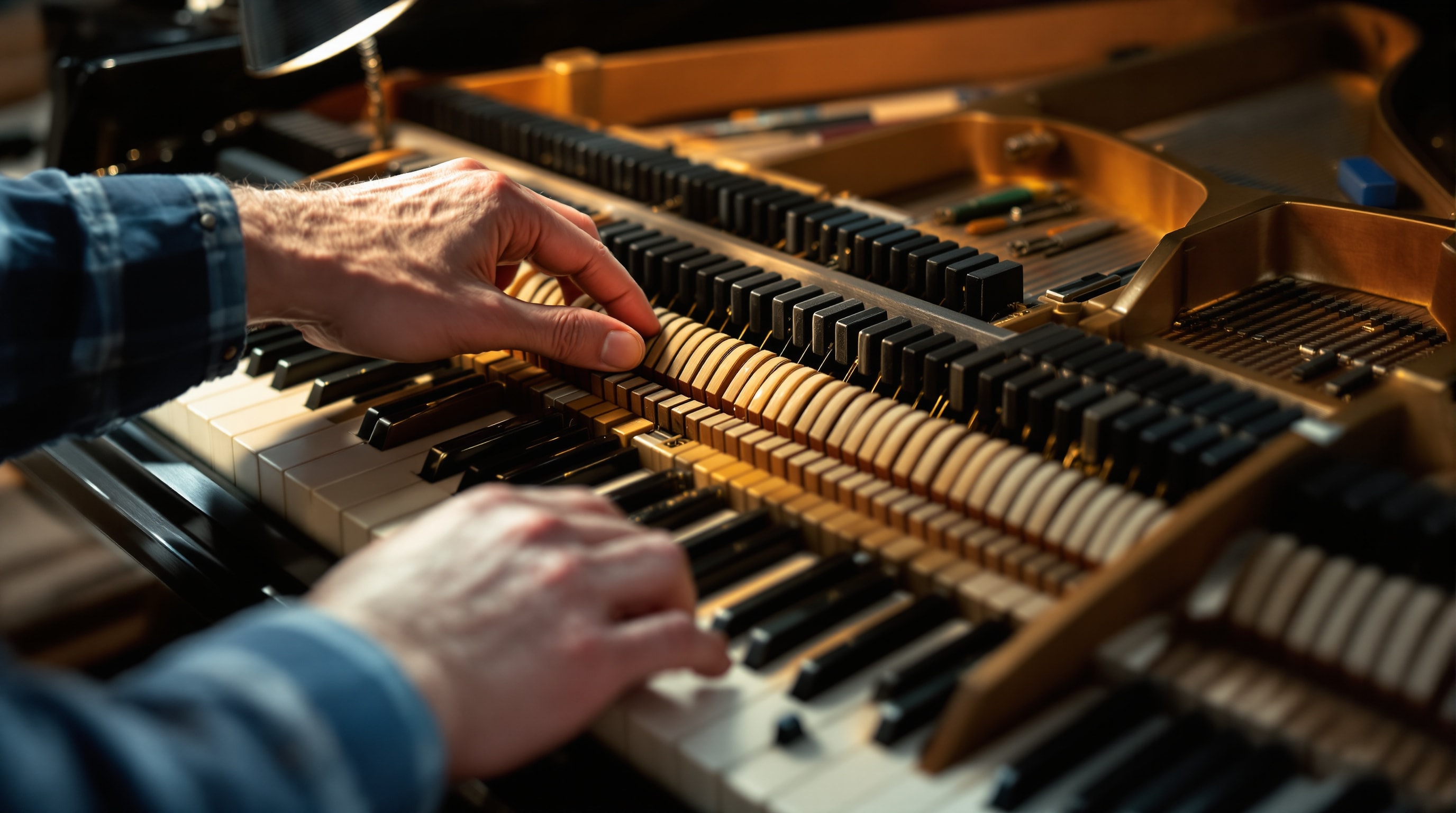 Hands adjusting the exposed action mechanism of a grand piano