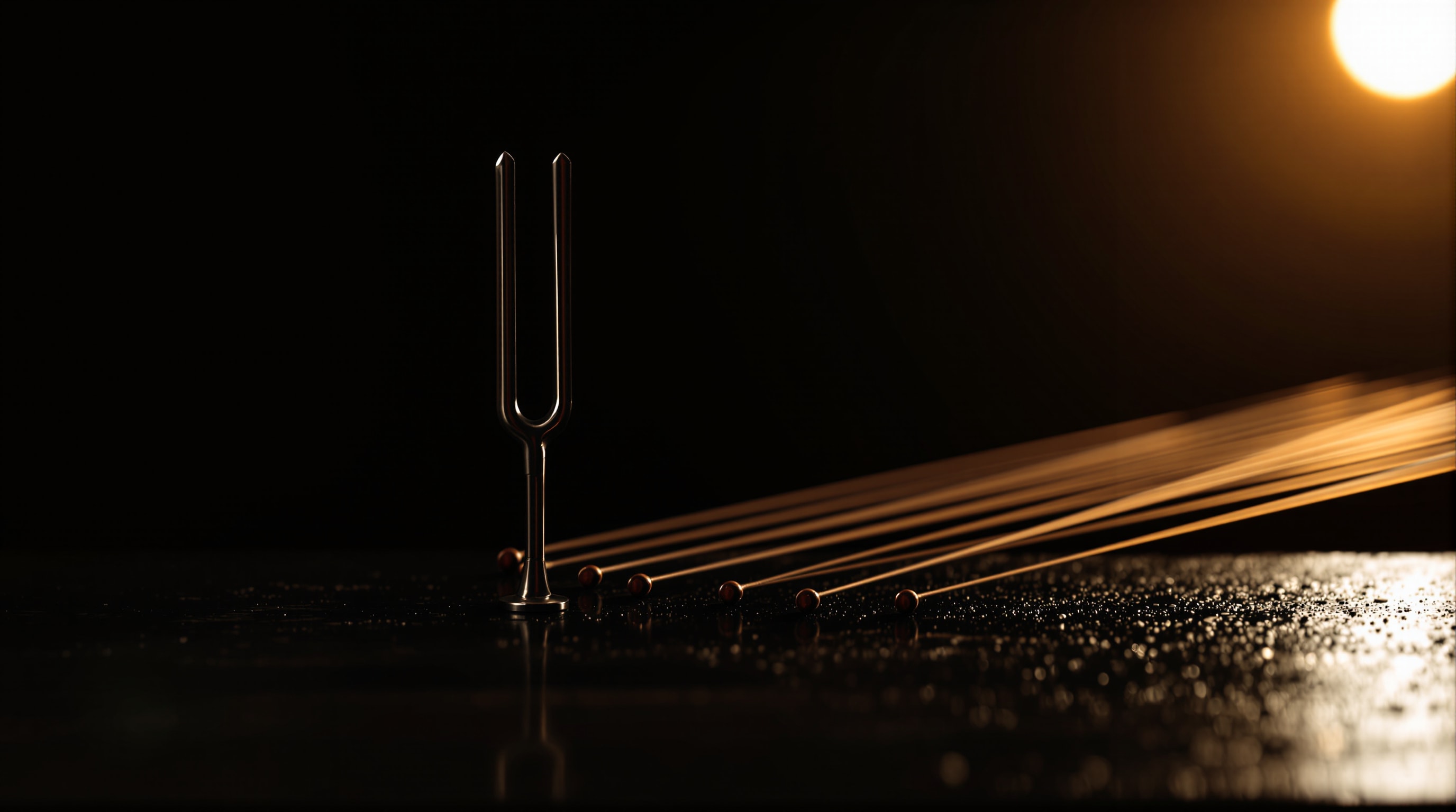 A steel tuning fork standing beside piano strings in dramatic light