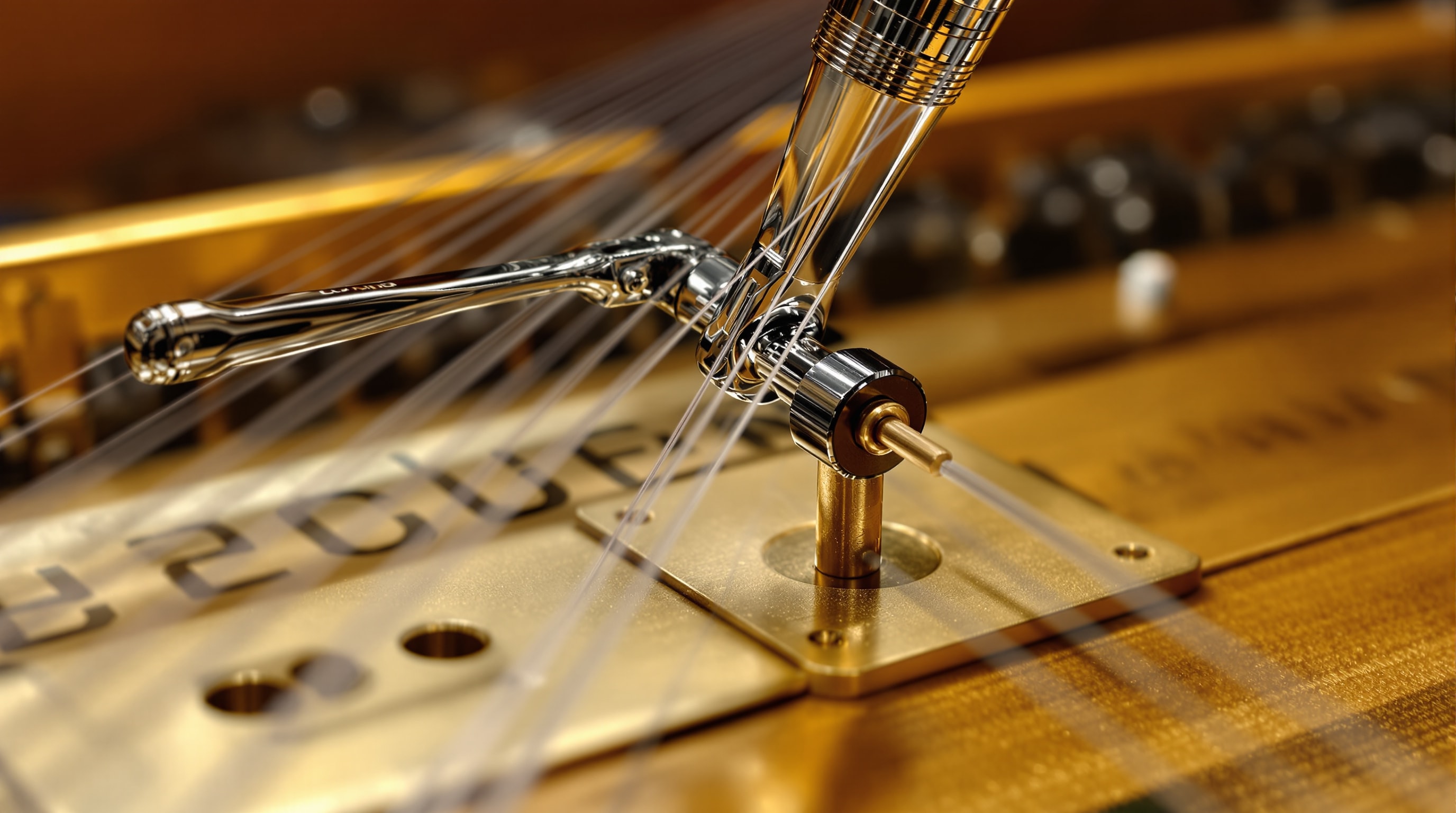 A tuning lever on a piano tuning pin among steel strings