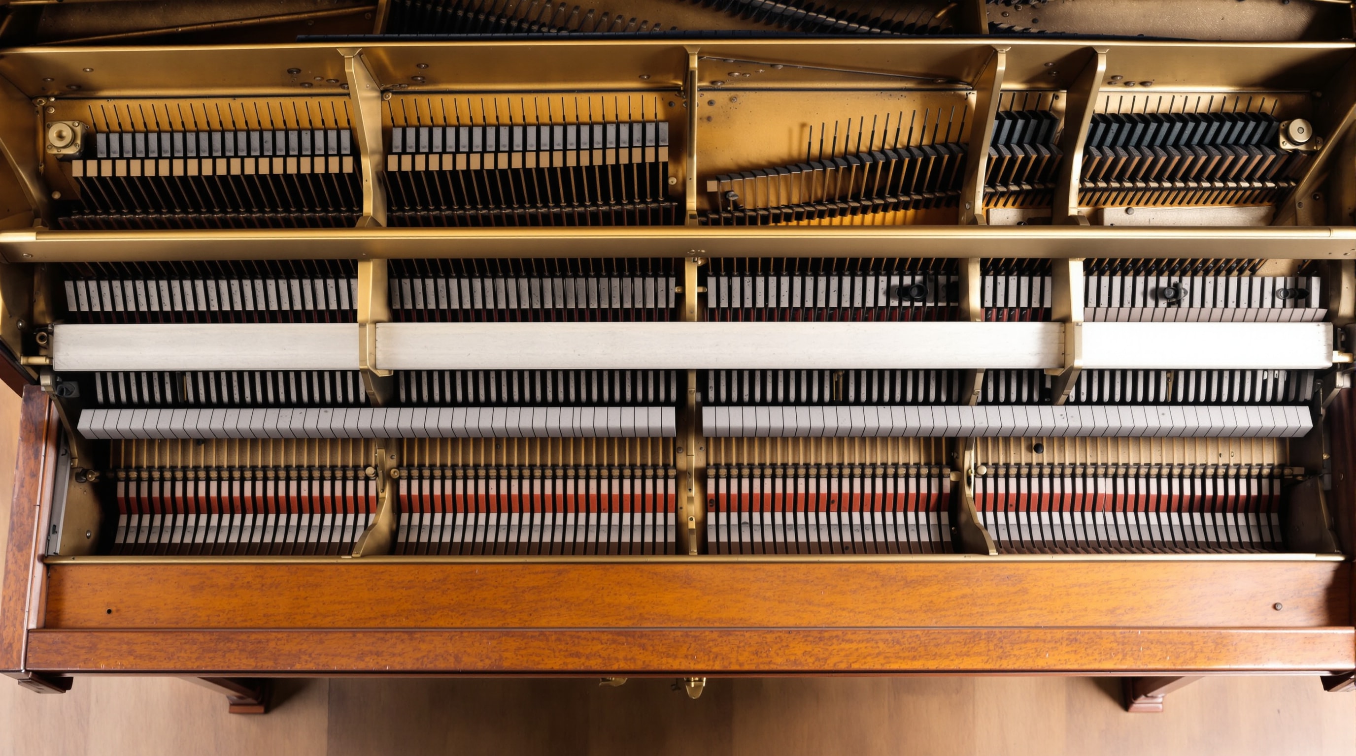 The exposed interior of an upright piano being inspected before purchase